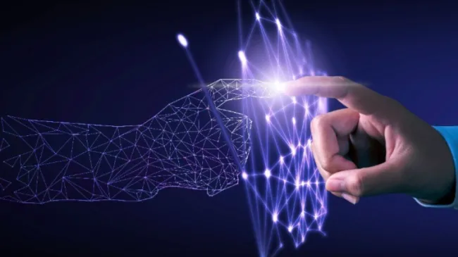 human touching digital hand